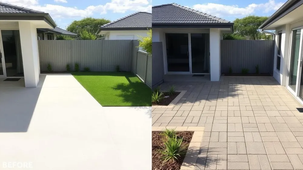 Concrete patios vs pavers side by side comparison in an Australian backyard