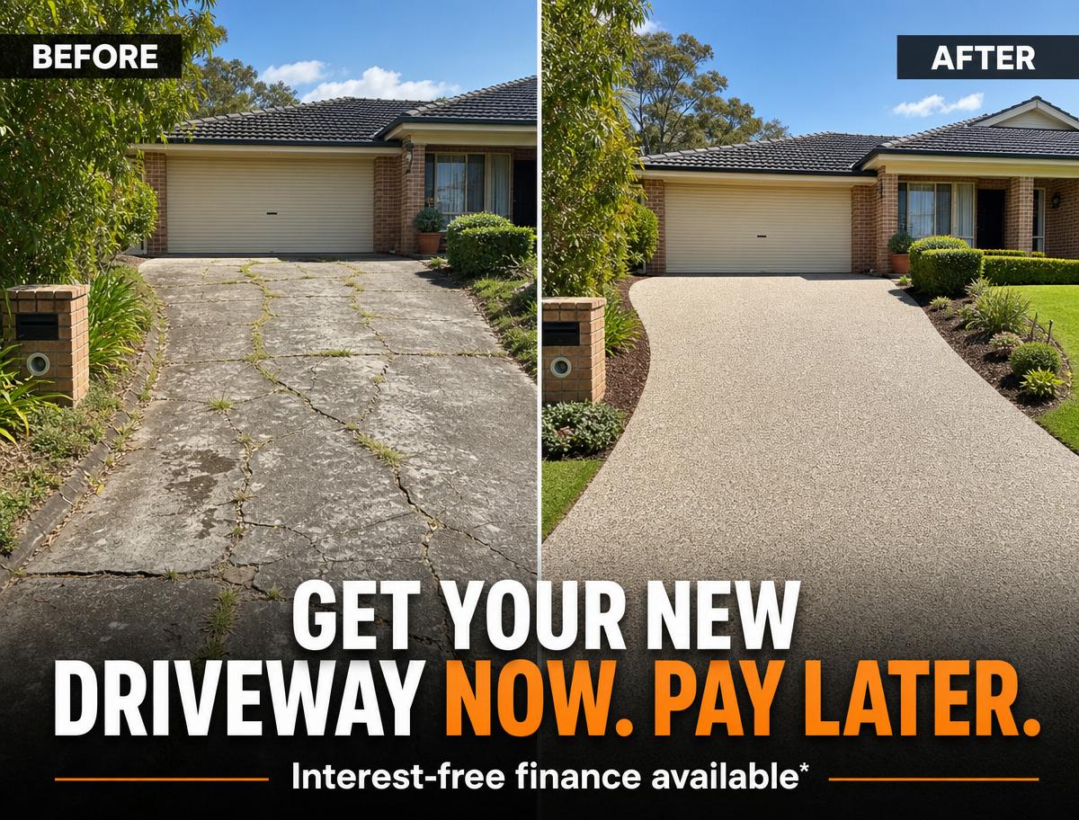 Before and after — old cracked driveway replaced with a new exposed aggregate concrete driveway
