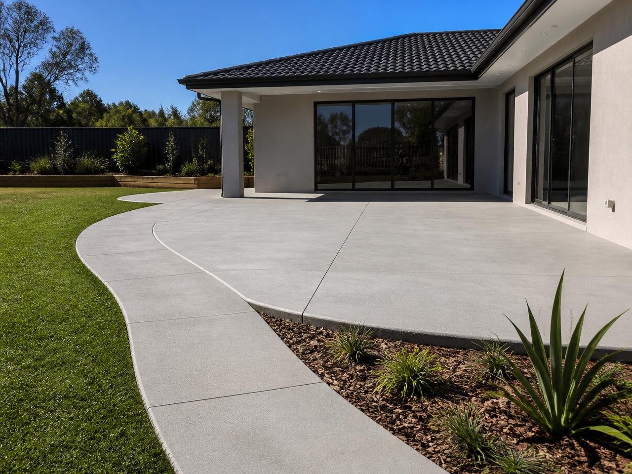 Before and after — cracked backyard concrete transformed into a smooth new patio and pathway